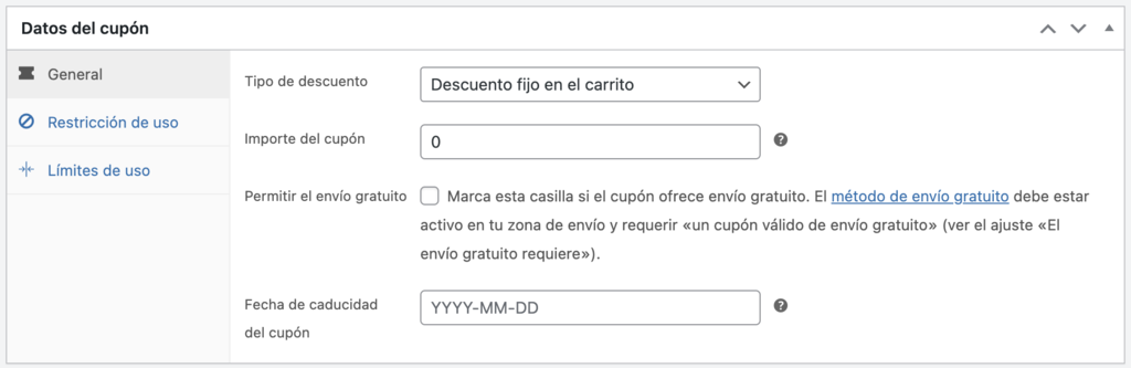 Secci&oacute;n datos del cup&oacute;n de WP