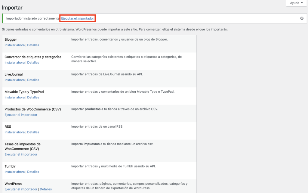 Opci&oacute;n Ejecutar importador en WP