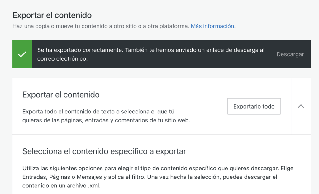 Mensaje de exportaci&oacute;n exitosa en WordPress.com