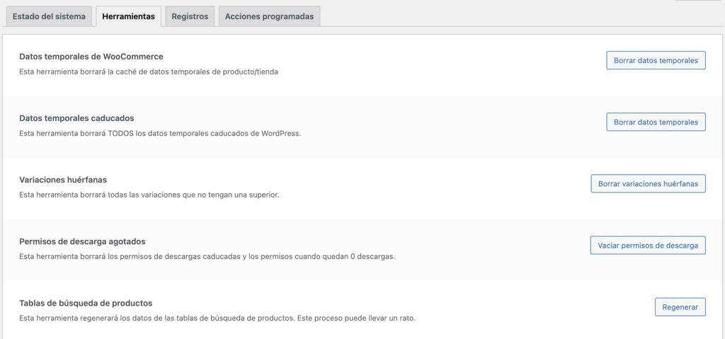 Pesta&ntilde;a Herramientas del estado del sistema de WooCommerce