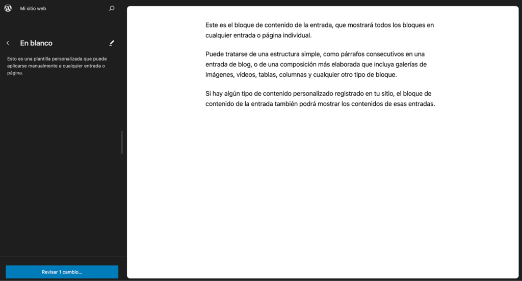 P&aacute;gina en blanco del Editor de sitios de WP