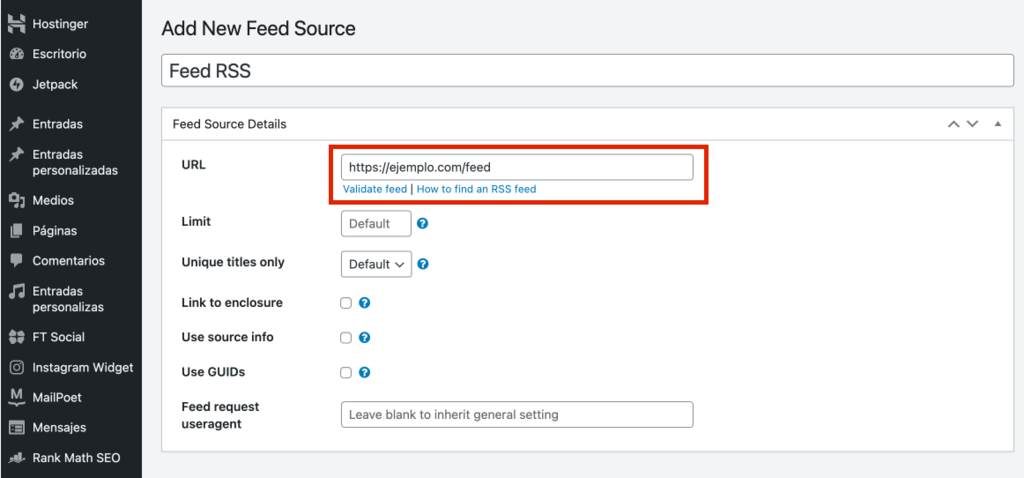 Secci&oacute;n RSS aggregator de WordPress