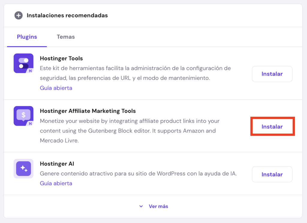 Sección de instalaciones recomendadas de hPanel
