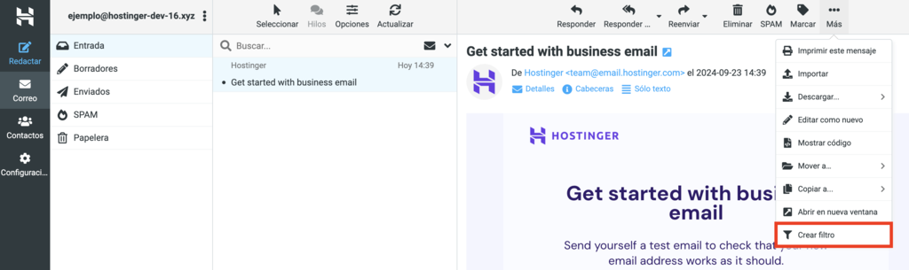 Opci&oacute;n de crear filtro en el correo de Hostinger
