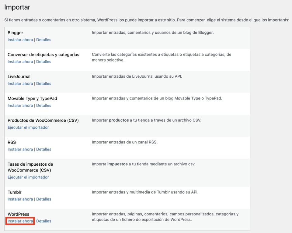 Secci&oacute;n de Importar WordPress en en panel de WP