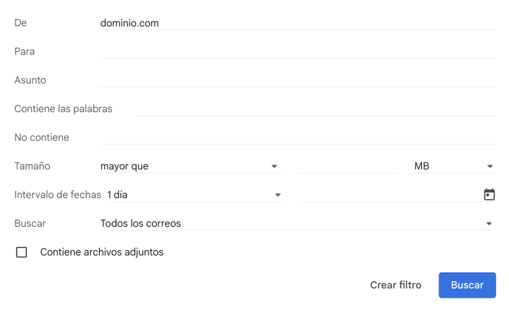 Opciones de b&uacute;squeda de Gmail