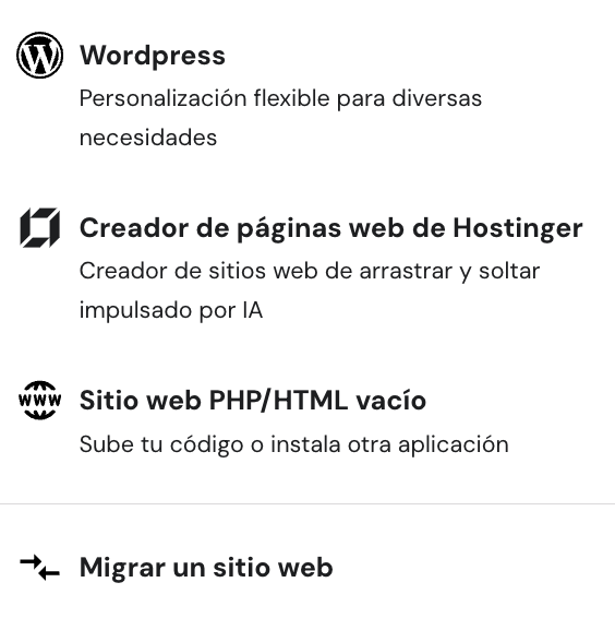 Opciones de creaci&oacute;n/migraci&oacute;n de hPanel