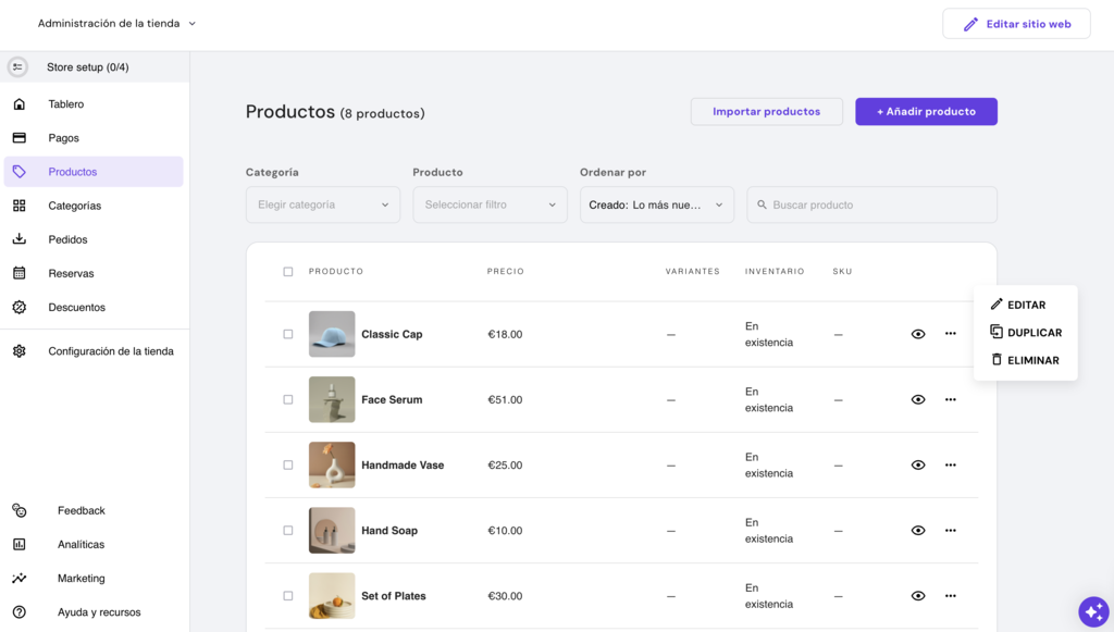 Productos del Creador de sitios web de Hostinger 