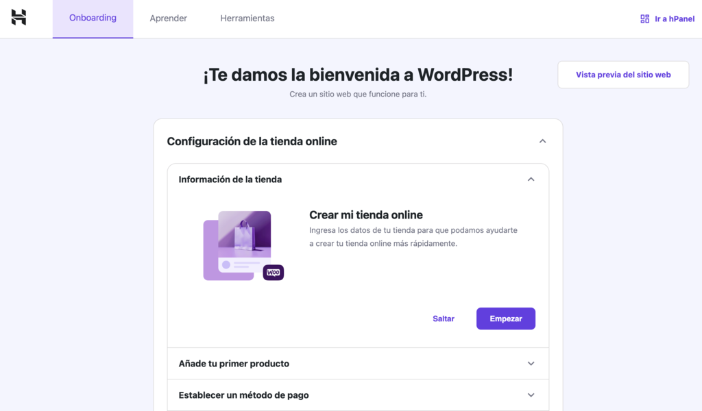 Secci&oacute;n de Onboarding de hPanel