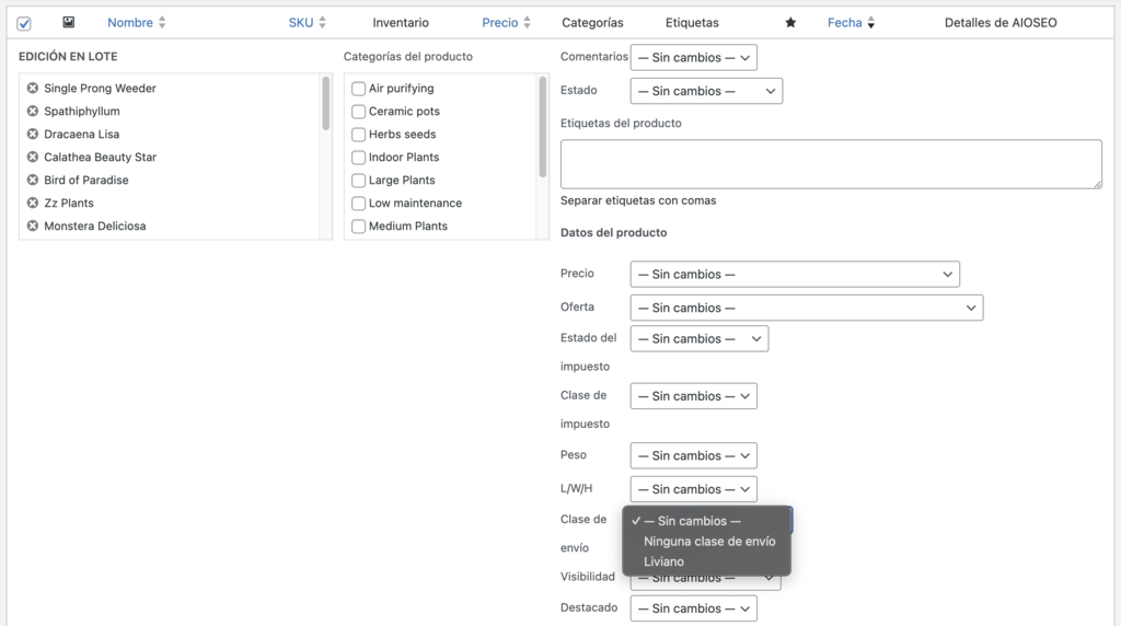 Secci&oacute;n de edici&oacute;n masiva de WordPress