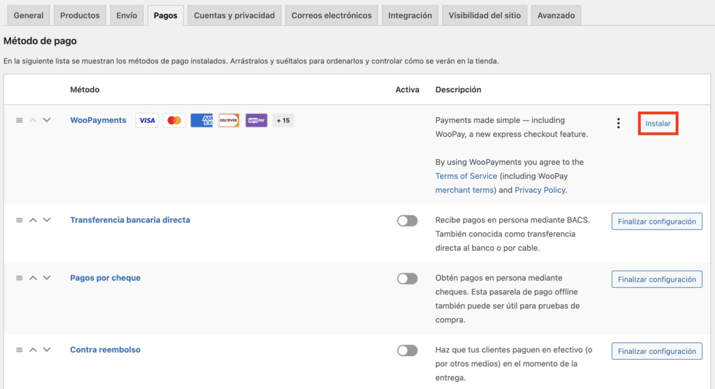 Secci&oacute;n de pagos de WooCommerce