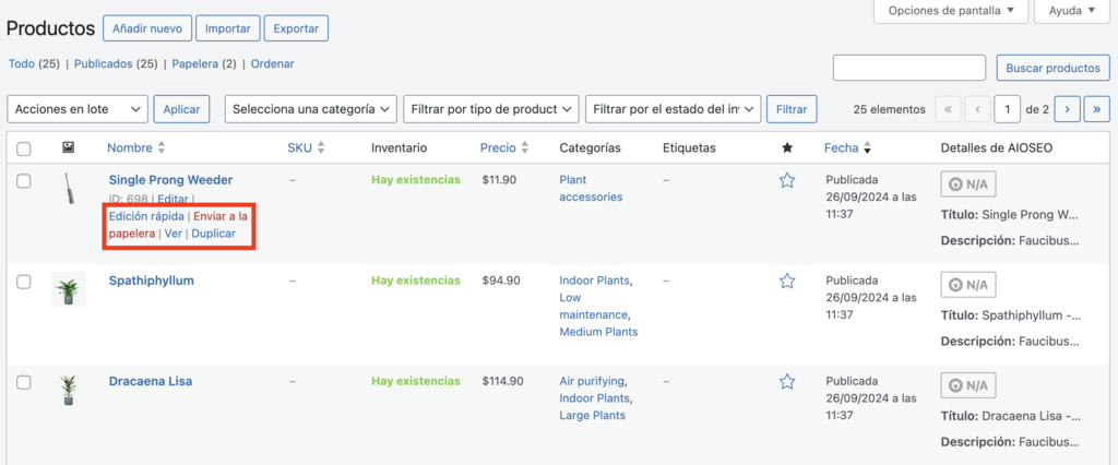 Secci&oacute;n de productos de WordPress