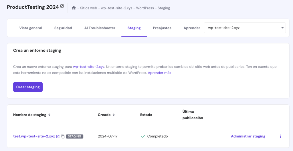 Secci&oacute;n de staging de WordPress en hPanel