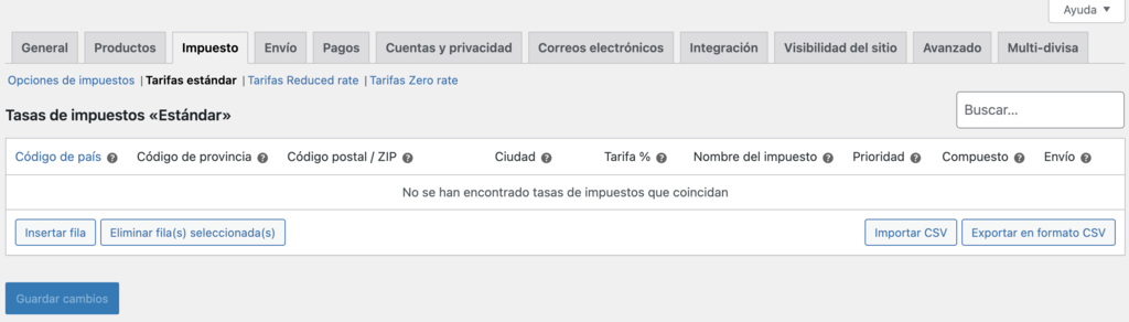 Secci&oacute;n de impuestos de WooCommerce