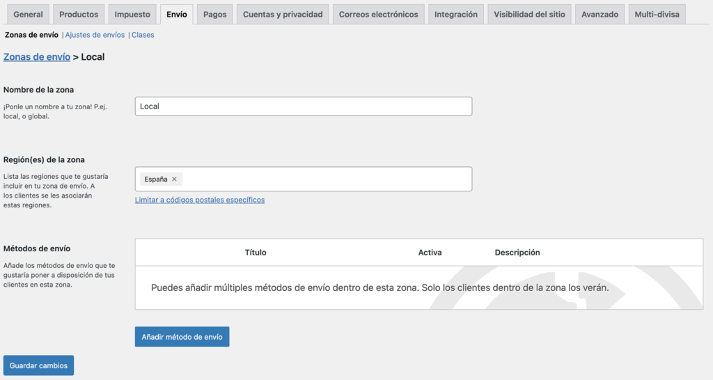 Secci&oacute;n de envios de WooCommerce