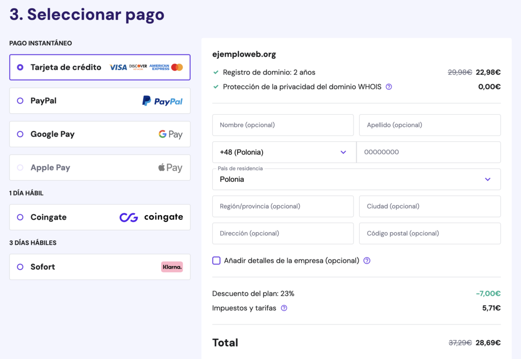 Seleccionar m&eacute;todo de pago en Hostinger