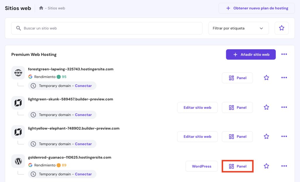 Secci&oacute;n de sitios web de hPanel