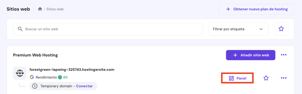 Secci&oacute;n de sitios web de hPanel