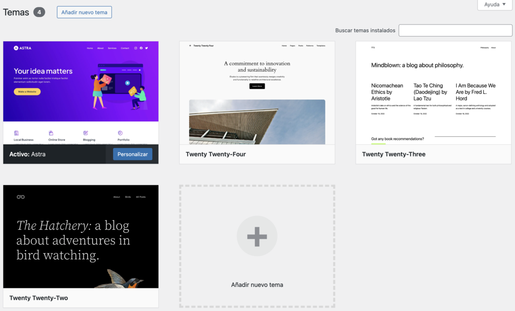 Secci&oacute;n de temas de WordPress