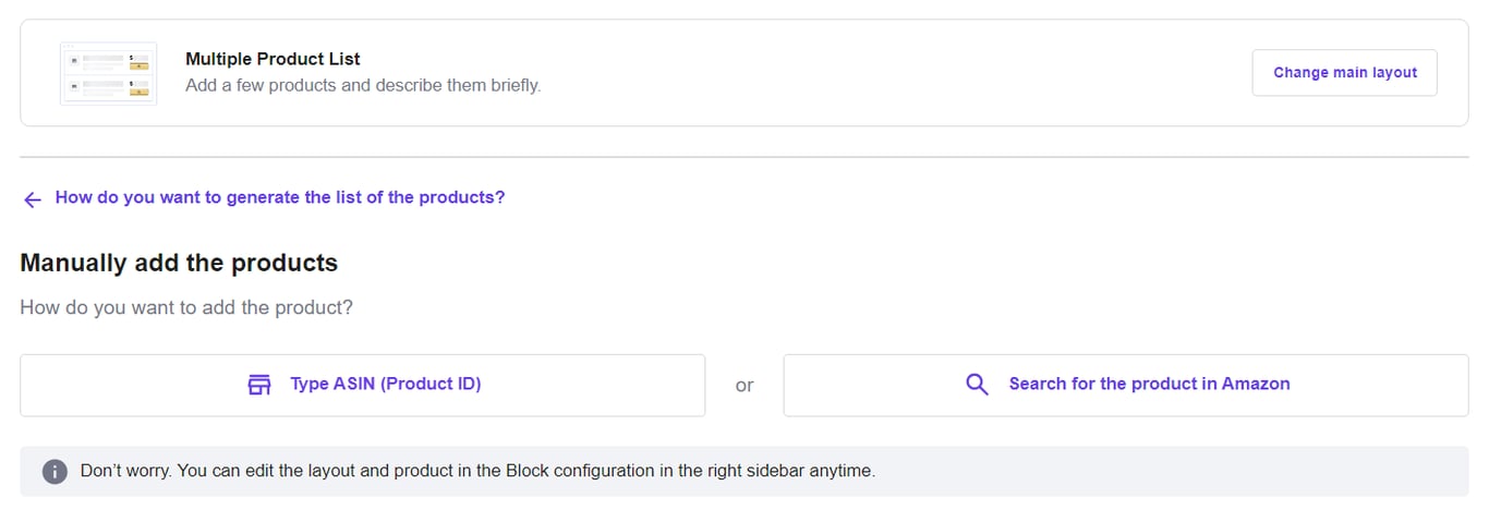 La opción de introducción manual de productos para mostrar una lista de varios productos en el plugin Hostinger Amazon Affiliate Connector.