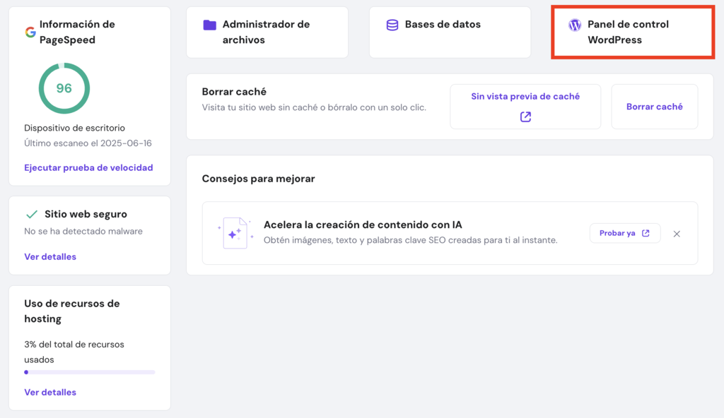 Visión general de WP en hPanel