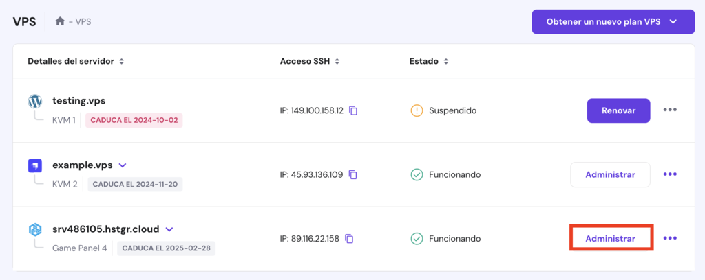 Secci&oacute;n de VPS de hPanel