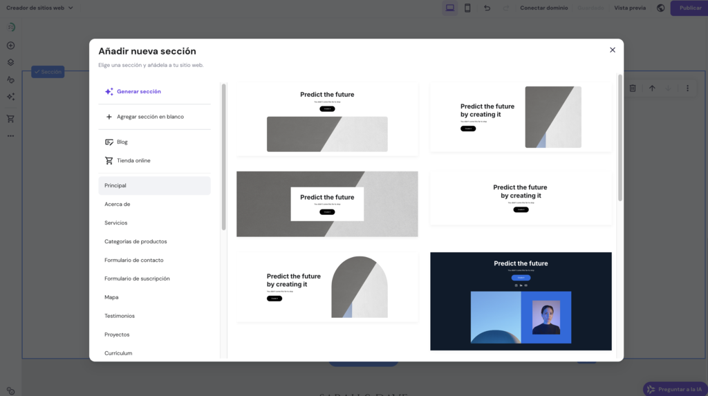 A&ntilde;adir nuevas secciones en el Creador de Hostinger
