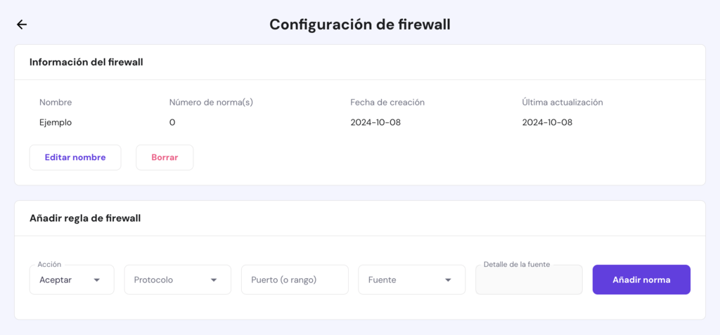 Configuraci&oacute;n de firewall de hPanel