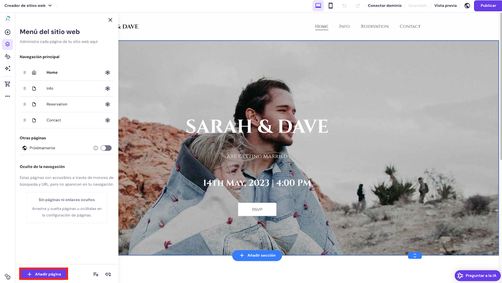 Men&uacute; del sitio web del Creador de Hostinger