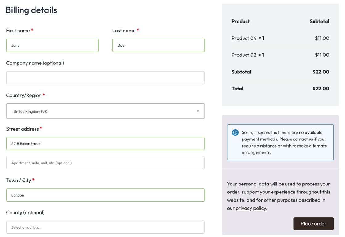 Página de pago de WooCommerce