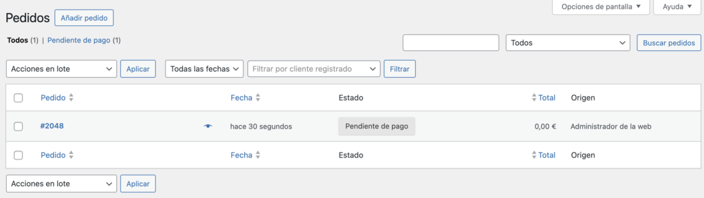 Secci&oacute;n de pedidos de WooCommerce