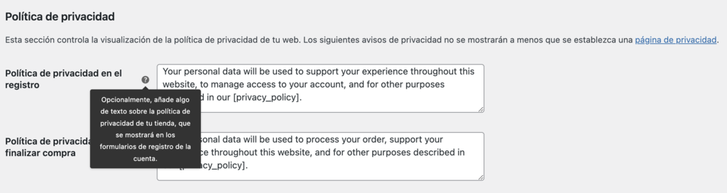 Pol&iacute;tica de privacidad de WooCommerce