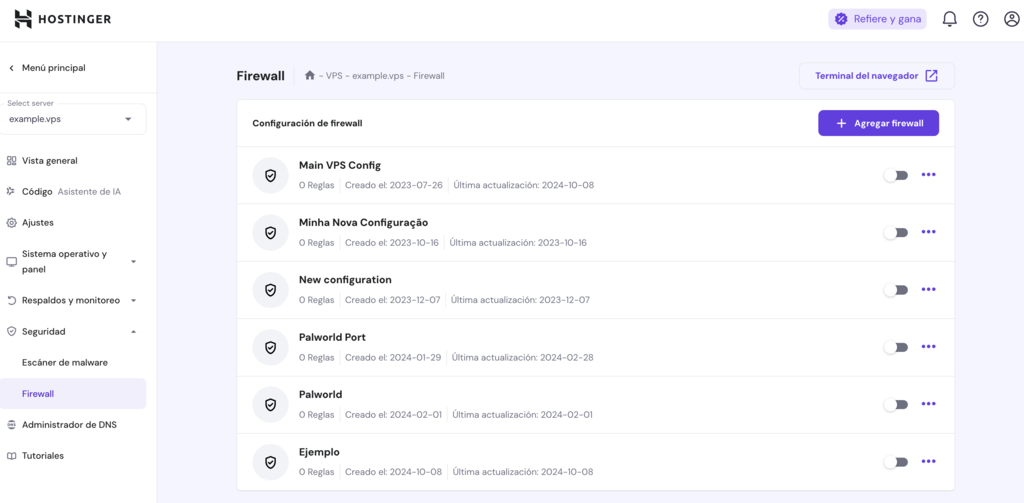 Secci&oacute;n de Firewall de hPanel