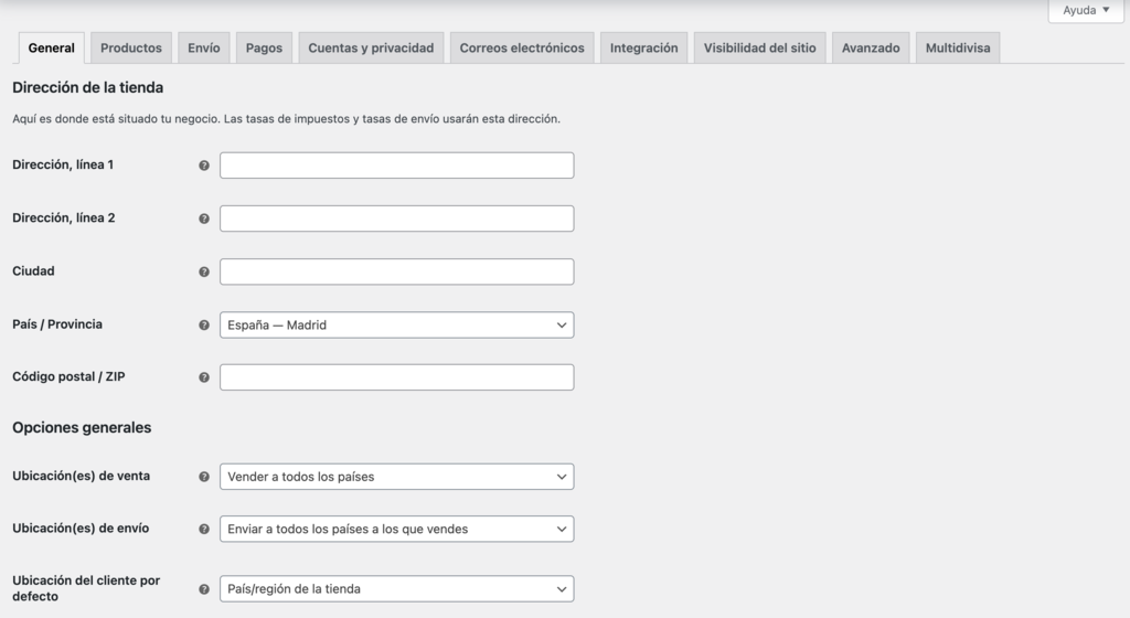 Secci&oacute;n general de WooCommerce