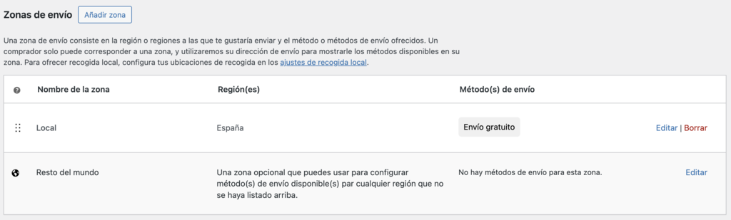 Zonas de env&iacute;o de WooCommerce