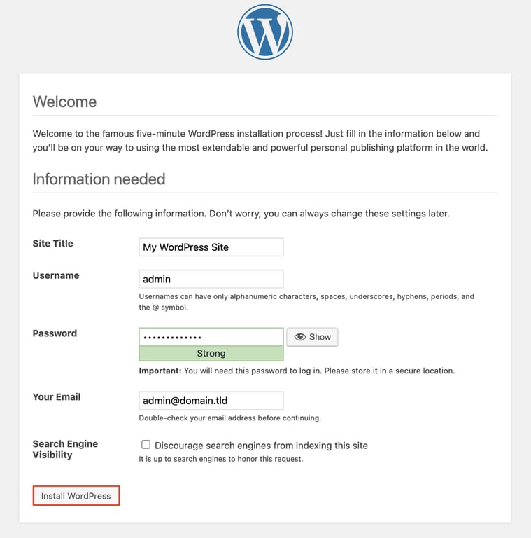 Página de ajustes iniciales de WordPress