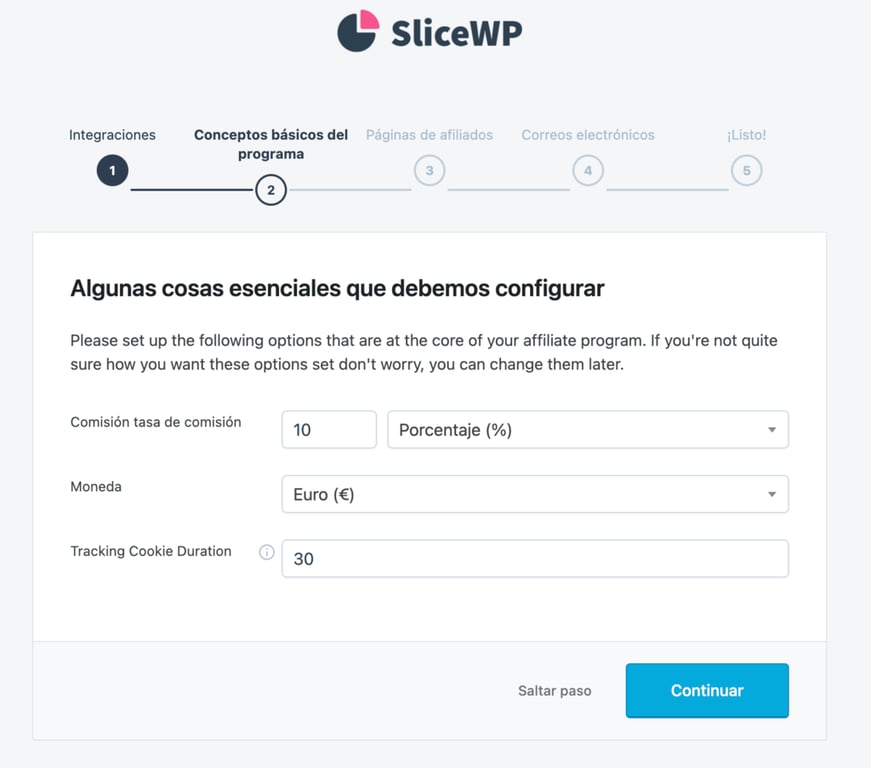 Asistente de ajustes iniciales de SliceWP