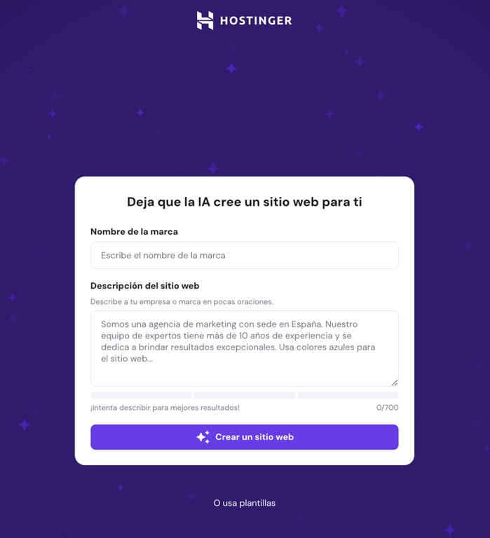 Asistente de creación web de hPanel