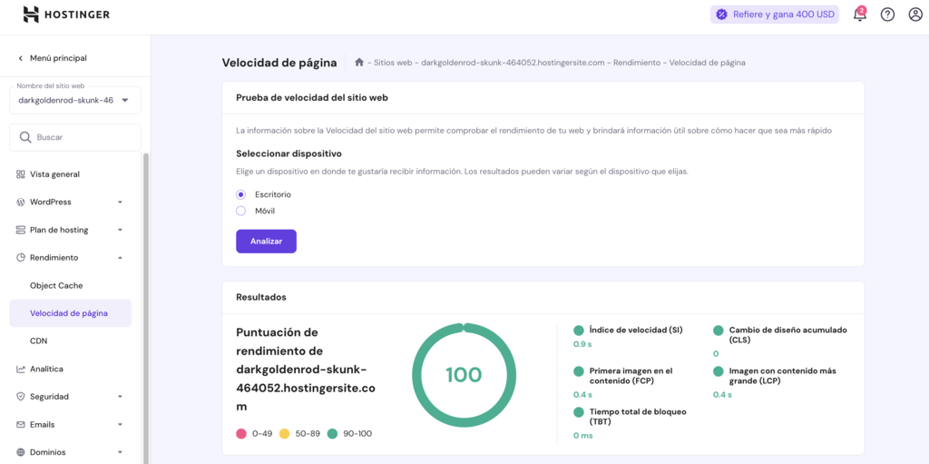 Secci&oacute;n Velocidad de la p&aacute;gina en hPanel