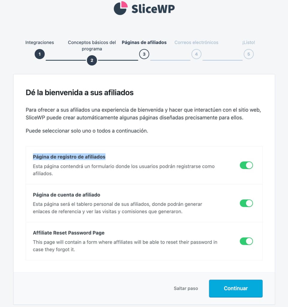 La p&aacute;gina de creaci&oacute;n de p&aacute;ginas de afiliados en el asistente de configuraci&oacute;n inicial de SliceWP