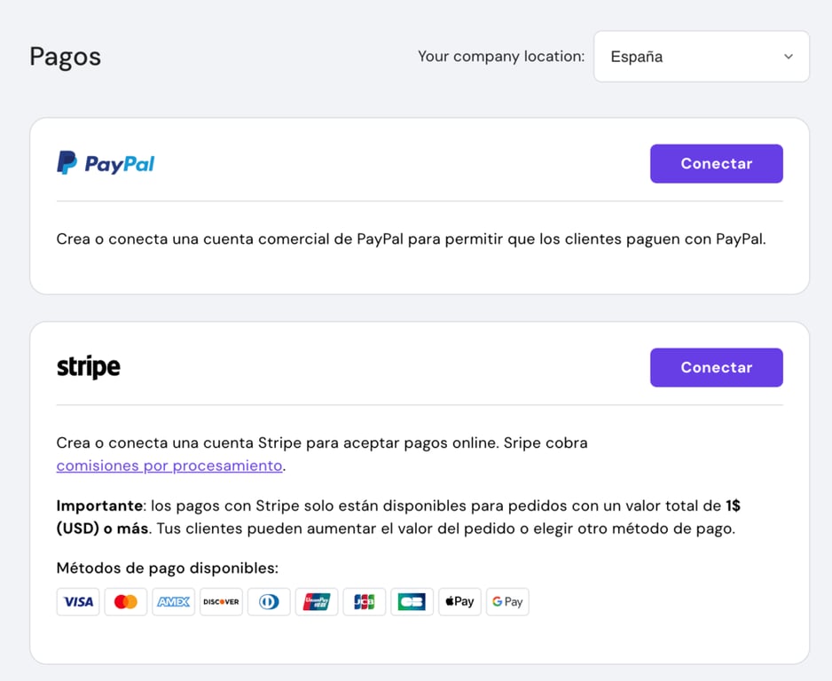 Sección de pagos en el Creador de Hostinger