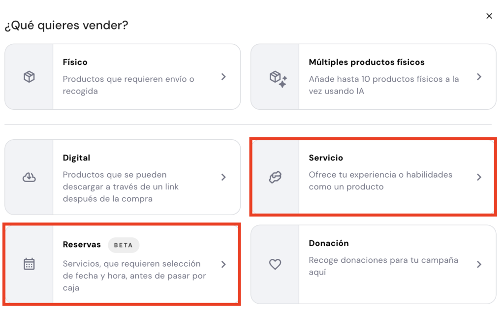 Sección para elegir tipo de producto a vender en el HWB