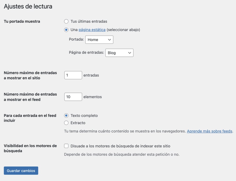Sección de ajustes de lectura de WordPress