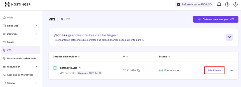 Secci&oacute;n de VPS en hPanel