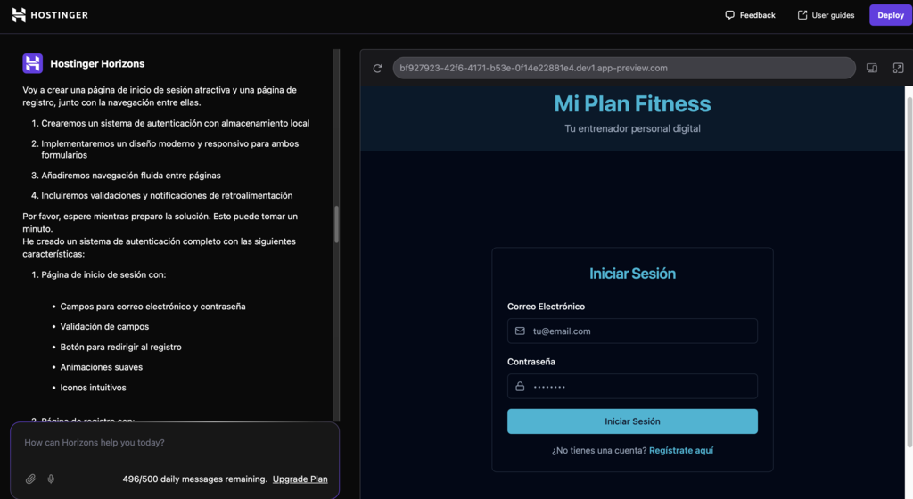 Ejemplo de Inicio de sesi&oacute;n de la aplicaci&oacute;n web en Hostinger Horizons