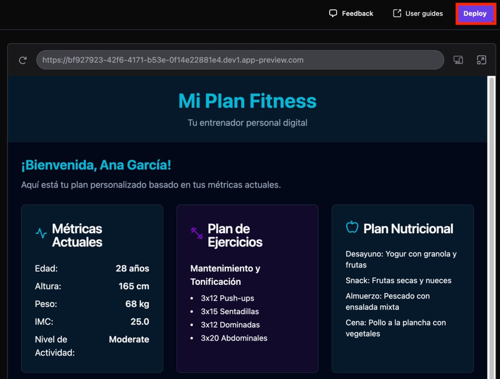 Ejemplo de interfaz de app web creada usando Hostinger Horizons