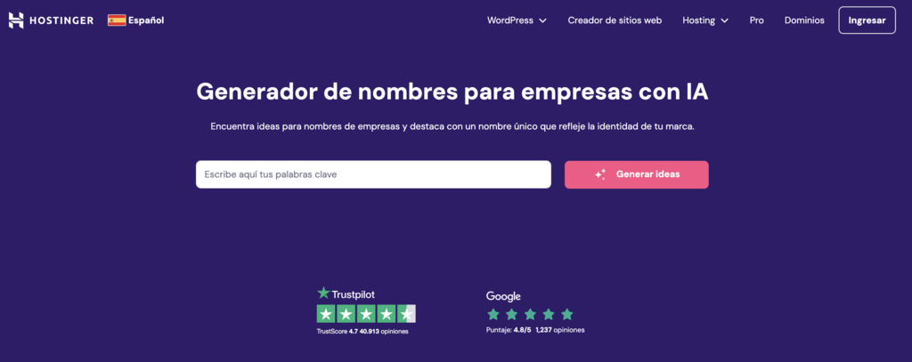 Generador de nombres para empresas con IA de Hostinger