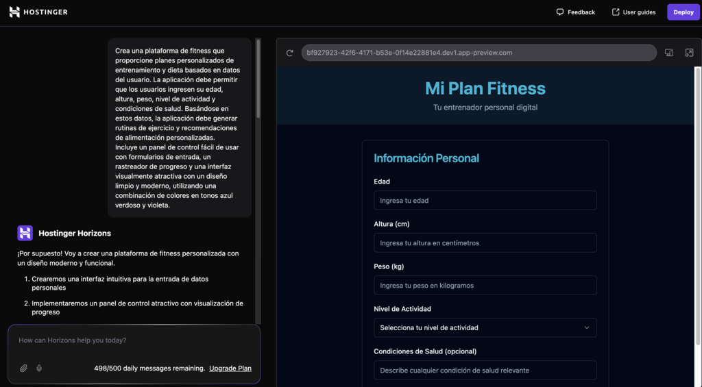 Panel de control de Hostinger Horizons