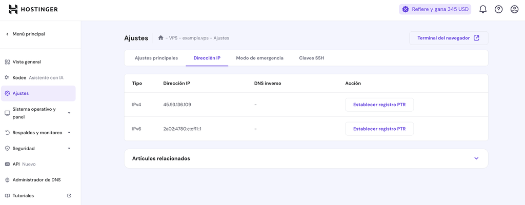 Sección de dirección IP en hPanel