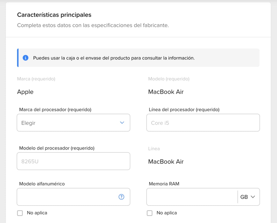Cuadro de descripción de producto en Mercado Libre